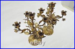 Pair of Vtg Italian Hollywood Regency Iron Floral Gold Candle Holders Candelabra