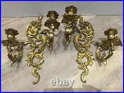 Pair of french vintage bronze wall light sconces candlestick