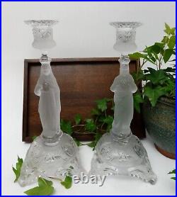 Pair of vintage Belgian pressed glass Sacred Heart Jesus & Mary candlesticks
