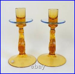 Pair of vintage Murano Italian art glass amber and blue candlesticks / holders