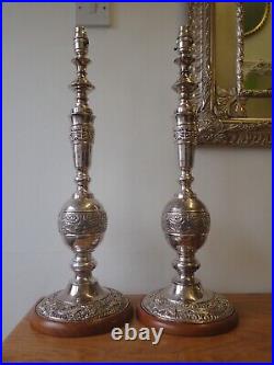 Pair of vintage silver plated embossed church candlestick table lamps