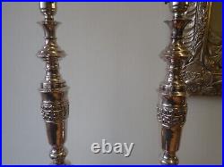 Pair of vintage silver plated embossed church candlestick table lamps