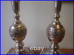 Pair of vintage silver plated embossed church candlestick table lamps