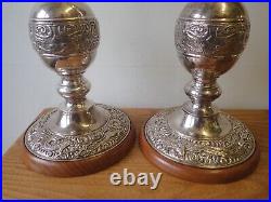 Pair of vintage silver plated embossed church candlestick table lamps