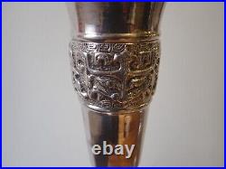 Pair of vintage silver plated embossed church candlestick table lamps