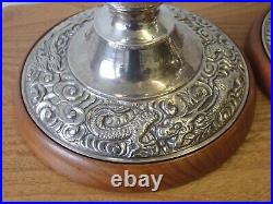 Pair of vintage silver plated embossed church candlestick table lamps