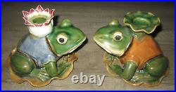Pair of vtg Boyun Pottery Shiwan figural glazed frog shaped candlesticks