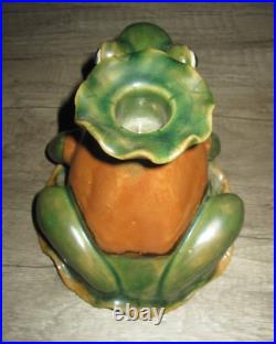 Pair of vtg Boyun Pottery Shiwan figural glazed frog shaped candlesticks