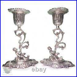 Pair vintage Italian solid silver cherub candlesticks