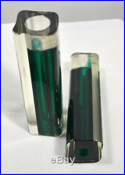 Pair vintage dark green glass candlesticks Murano Italy Vetri vm 002 sommerso