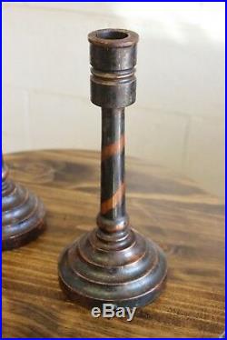 Pair x2 Vintage Antique Japanned Copper Flash Candlesticks Cast Iron