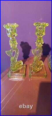 Perfect Pair MMA Vaseline Glass Fish Vintage Candlesticks Imperial Koi Dolphin
