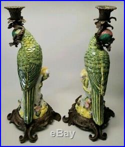 Porcelain Cast Bronze Parrot Bird 15 Candlestick Holders Vintage LEFT RIGHT SET