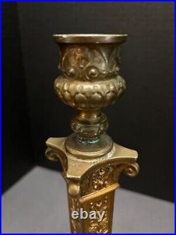Pr Neo-Classical Candle Sticks 13.5 Mask & Foliate Embossed Vintage Ornate