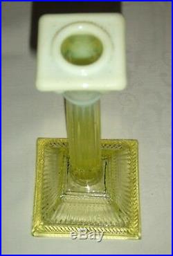 Pr of Vintage Primrose Yellow Vaseline/Pearline Corinthian Column Candlesticks