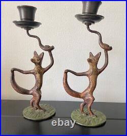 RARE Pair Of Vintage/antique Cast Bronze/Brass Dancing Foxes Candle Stick Holder