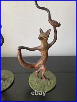 RARE Pair Of Vintage/antique Cast Bronze/Brass Dancing Foxes Candle Stick Holder