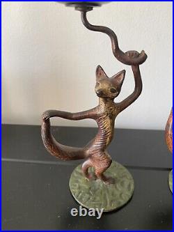 RARE Pair Of Vintage/antique Cast Bronze/Brass Dancing Foxes Candle Stick Holder