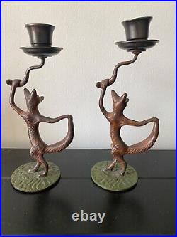 RARE Pair Of Vintage/antique Cast Bronze/Brass Dancing Foxes Candle Stick Holder