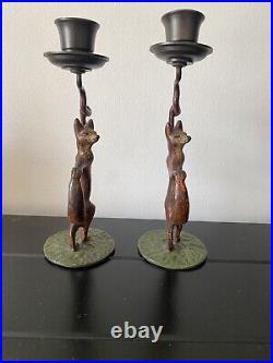 RARE Pair Of Vintage/antique Cast Bronze/Brass Dancing Foxes Candle Stick Holder