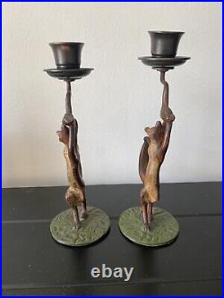 RARE Pair Of Vintage/antique Cast Bronze/Brass Dancing Foxes Candle Stick Holder