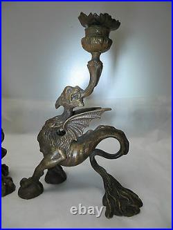 RARE Vintage Antique Bronze Winged Griffin Dragon Clawed Candlesticks c 1800s