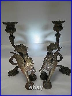 RARE Vintage Antique Bronze Winged Griffin Dragon Clawed Candlesticks c 1800s
