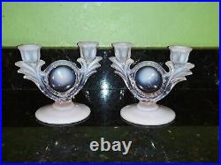 RARE Vintage Duncan Miller Glass Pink White Opalescent Candlestick Holders