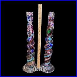 Rare HTF Vtg Hand Blown Swirled Art Glass Candlestick Holders By David Goldberg