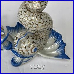 Rare Herend Blue Gold Fishnet Koi Fish Candlesticks Porcelain Candle Holders Vtg