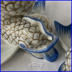 Rare Herend Blue Gold Fishnet Koi Fish Candlesticks Porcelain Candle Holders Vtg