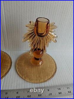 Rare New Martinsville Amber Teardrop Elegant Depression Era Glass Candlesticks