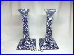 Rare Pair Of Burleigh Calico Floral Blue & White Candlesticks Candle Holders