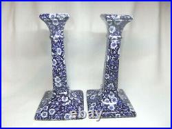 Rare Pair Of Burleigh Calico Floral Blue & White Candlesticks Candle Holders
