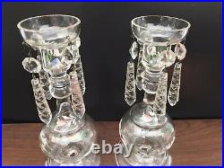 Rare Pair Vintage Victorian Hand Painted Blown Lustre Drop Candlestick Holders