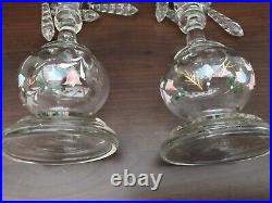 Rare Pair Vintage Victorian Hand Painted Blown Lustre Drop Candlestick Holders