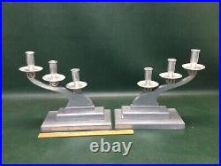 Rare Pr Art Deco Vintage Artist Signed Cast Aluminum Candlesticks Candle Holders