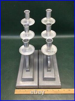 Rare Pr Art Deco Vintage Artist Signed Cast Aluminum Candlesticks Candle Holders