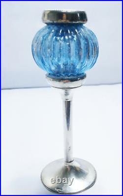 Rare Vintage Blue Blown Glass 925 Sterling Silver Candlestick