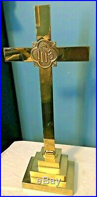 Rare Vintage Large Gold Brass Catholic Church Altar Ihs Cross & Candle Stick Set