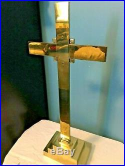 Rare Vintage Large Gold Brass Catholic Church Altar Ihs Cross & Candle Stick Set