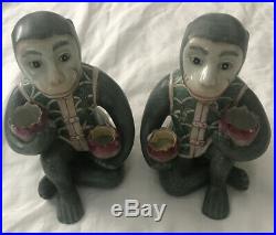 Rare Vintage Pair Green Chinoiserie Monkey Candle Stick Holders 7 X 5 Perfect