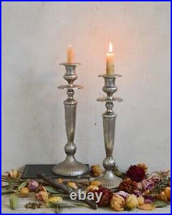 Rare Vintage Tall Pair Silver Ribbed Candleholders, Heavy Aluminium Candlesticks