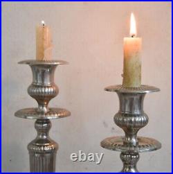 Rare Vintage Tall Pair Silver Ribbed Candleholders, Heavy Aluminium Candlesticks
