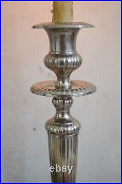 Rare Vintage Tall Pair Silver Ribbed Candleholders, Heavy Aluminium Candlesticks