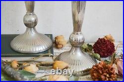 Rare Vintage Tall Pair Silver Ribbed Candleholders, Heavy Aluminium Candlesticks