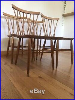 Round/oval drop-leaf vintage Ercol elm dining table With X4 Candlestick Chairs