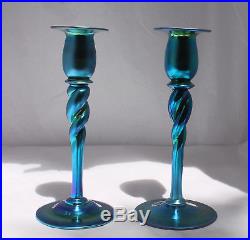 STEUBEN BLUE AURENE CANDLESTICKS VINTAGE ART GLASS 1930's CANDLE STICKS 8