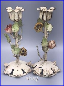 Set Of 2 Italian Florentine Metal Roses Candlestick Holders Vintage. Rare. 8