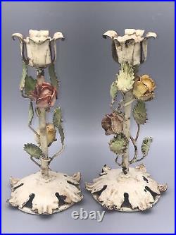 Set Of 2 Italian Florentine Metal Roses Candlestick Holders Vintage. Rare. 8